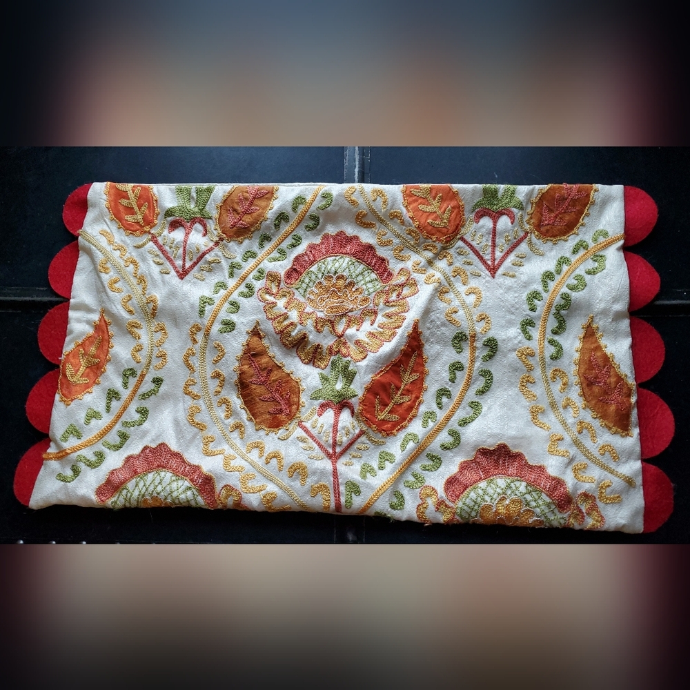 Intricate Embroidered Folkloric/Cottagecore Bolster Pillow Cover, 12" X 20"